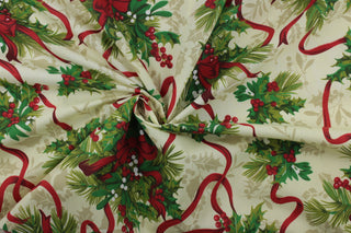 Traditional Holly and Red Ribbon Christmas Fabric in Cream