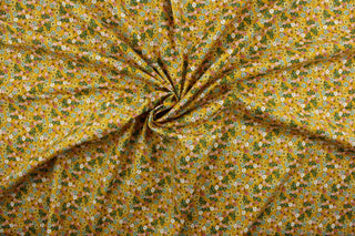Flora features an intricately-detailed floral print comprised of pink, yellow, blue, green, and white on a cheerful marigold yellow background. This timeless design is perfect for adding a pop of color to any room.  The high-quality cotton material ensures lasting durability and softness, making it perfect for your next quilting or stitching project.  The versatile lightweight fabric is soft and easy to sew.  It would be great for apparel, quilting, crafting and sewing projects.  