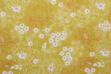 Load image into Gallery viewer,  Serendipity is a cheerful floral pattern with its pink and white flowers against a yellow background.  It will add a touch of warmth to any room.  The high-quality cotton material ensures lasting durability and softness, making it perfect for your next quilting or stitching project.  The versatile lightweight fabric is soft and easy to sew.  It would be great for apparel, quilting, crafting and sewing projects.  
