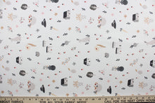 Load image into Gallery viewer, Happy Home is a whimsical house print featuring trees, flowers, rabbits, and hats in varying shades of pink, white, black, gray, and red against a white background.  Perfect for any living space, it is sure to bring a splash of joy to your home. The high-quality cotton material ensures lasting durability and softness. The versatile lightweight fabric is soft and easy to sew.  It would be great for apparel, quilting, crafting and sewing projects.  
