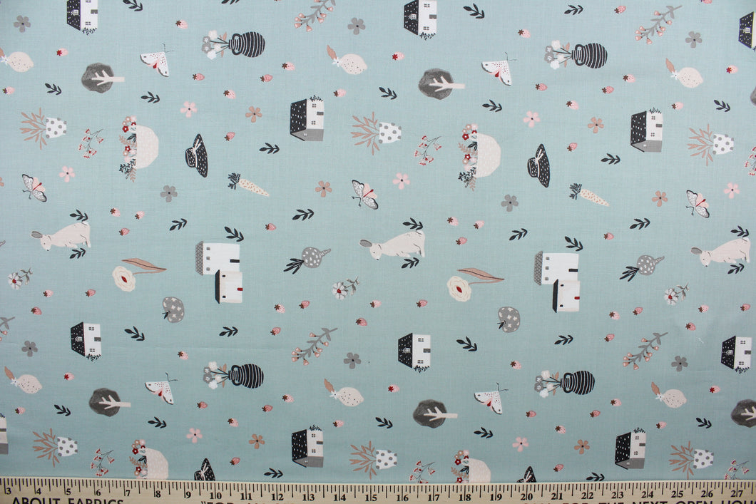  Happy Home is a whimsical house print featuring trees, flowers, rabbits, and hats in varying shades of pink, white, black, gray, and red against a soft green background.  Perfect for any living space, it is sure to bring a splash of joy to your home. The high-quality cotton material ensures lasting durability and softness. The versatile lightweight fabric is soft and easy to sew.  It would be great for apparel, quilting, crafting and sewing projects.  