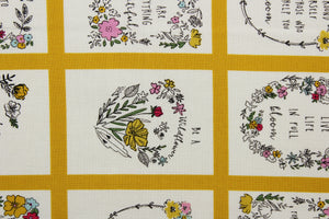 Hopeful is a cheerful collection of floral blocks featuring inspirational sayings in shades of yellow, pink, blue, green, and black, offering a vibrant and uplifting look. The high-quality cotton material ensures lasting durability and softness.  It would be great for apparel, quilting, crafting and sewing projects.  
