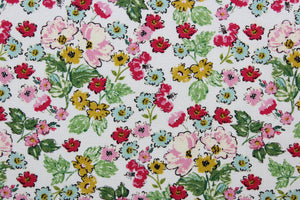 Flower Girl features a bright and cheerful floral print in a range of colors: mustard yellow, green, red, pink, blue and black on a white background.  The high-quality cotton material ensures lasting durability and softness, making it perfect for your next quilting or stitching project.  The versatile lightweight fabric is soft and easy to sew.  It would be great for apparel, quilting, crafting and sewing projects.  