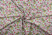 Load image into Gallery viewer, Flower Girl features a bright and cheerful floral print in a range of colors: mustard yellow, green, red, pink, blue and black on a white background.  The high-quality cotton material ensures lasting durability and softness, making it perfect for your next quilting or stitching project.  The versatile lightweight fabric is soft and easy to sew.  It would be great for apparel, quilting, crafting and sewing projects.  
