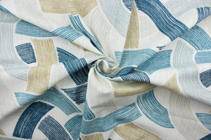 Ryman is the perfect choice for any space. Its multi purpose design features an abstract pattern with shades of blue, beige, tan on a ivory background.  It can be used for several different statement projects including window accents (drapery, curtains and swags), decorative pillows, hand bags, bed skirts, duvet covers, upholstery and craft projects.  It has a soft workable feel yet is stable and durable.
