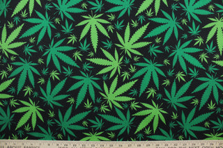  Doobie in Black features a repetitive marijuana leaf pattern in green against a black background. This fashionable design is perfect for expressing yourself in a subtle and stylish way.  The high-quality cotton material ensures lasting durability and softness.  It would be great for apparel, quilting, crafting and sewing projects.  