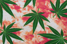Load image into Gallery viewer,  Sky High showcases lush green marijuana leaves in contrast to a vivid red, orange and white background, this design packs plenty of personality.  The high-quality cotton material ensures lasting durability and softness.  It would be great for apparel, quilting, crafting and sewing projects.  
