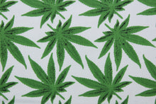 Load image into Gallery viewer, Weedy in White features green marijuana leaves against a white background.  This fashionable design is perfect for expressing yourself in a subtle and stylish way.  The high-quality cotton material ensures lasting durability and softness.  It would be great for apparel, quilting, crafting and sewing projects.  
