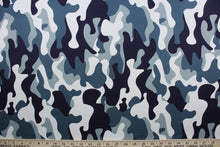 Load image into Gallery viewer, Dappled Camo features camouflage patterning blended with shades of navy, white and blue/green. This pattern creates a unique camouflage that is both subtle and eye-catching.  The high-quality cotton material ensures lasting durability and softness.  It would be great for apparel, quilting, crafting and sewing projects.  
