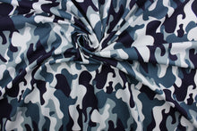 Load image into Gallery viewer, Dappled Camo features camouflage patterning blended with shades of navy, white and blue/green. This pattern creates a unique camouflage that is both subtle and eye-catching.  The high-quality cotton material ensures lasting durability and softness.  It would be great for apparel, quilting, crafting and sewing projects.  
