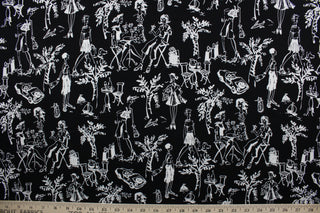 The classic Happy Hour in Black print features a fun combination of black and white images, including ladies, cars, trees, cats & dogs, drinks, and sailboats. Perfect for any casual occasion, the stylish, timeless design is sure to impress.  The high-quality cotton material ensures lasting durability and softness.  It would be great for apparel, quilting, crafting and sewing projects.  