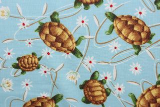  This "Terrapin Trail" design features cute turtles, colorful flowers, on a light blue background. The design is a perfect blend of warm shades of brown, green, white, red, and yellow that will bring a cheerful mood to your home.  The high-quality cotton material ensures lasting durability and softness.  It would be great for apparel, quilting, crafting and sewing projects.  