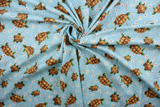  This "Terrapin Trail" design features cute turtles, colorful flowers, on a light blue background. The design is a perfect blend of warm shades of brown, green, white, red, and yellow that will bring a cheerful mood to your home.  The high-quality cotton material ensures lasting durability and softness.  It would be great for apparel, quilting, crafting and sewing projects.  