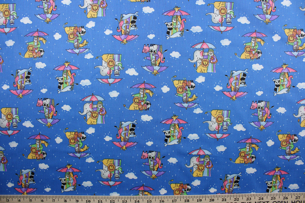  Featuring a classic cartoon print of Noah's Ark, this cheerful design will bring a touch of fun to your home.  An array of bright colors, like pink, purple, yellow, green, black, and white, contrast against a bold blue background, and the addition of clouds, raindrops, and umbrellas make this fabric truly eye-catching.  The high-quality cotton material ensures lasting durability and softness.  It would be great for apparel, quilting, crafting and sewing projects.  