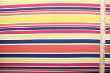 Load image into Gallery viewer, Robert Allen© Mod Layout in Fiesta is a multi-purpose fabric that features vivid, multicolored stripes in shades of red, orange, blue, yellow, and white.  The fabric is treated with a soil and stain repellant finish to ensure long lasting durability, with a rating of 30,000 double rubs.  It can be used for several different statement projects including window accents (drapery, curtains and swags), toss pillows, headboards, bed skirts, duvet covers and upholstery. 
