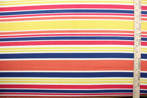 Robert Allen© Mod Layout in Fiesta is a multi-purpose fabric that features vivid, multicolored stripes in shades of red, orange, blue, yellow, and white.  The fabric is treated with a soil and stain repellant finish to ensure long lasting durability, with a rating of 30,000 double rubs.  It can be used for several different statement projects including window accents (drapery, curtains and swags), toss pillows, headboards, bed skirts, duvet covers and upholstery. 