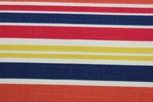 Load image into Gallery viewer, Robert Allen© Mod Layout in Fiesta is a multi-purpose fabric that features vivid, multicolored stripes in shades of red, orange, blue, yellow, and white.  The fabric is treated with a soil and stain repellant finish to ensure long lasting durability, with a rating of 30,000 double rubs.  It can be used for several different statement projects including window accents (drapery, curtains and swags), toss pillows, headboards, bed skirts, duvet covers and upholstery. 

