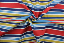 Load image into Gallery viewer, Robert Allen© Mod Layout in Fiesta is a multi-purpose fabric that features multicolored stripes in shades of blue, red, white, and mustard yellow.  The fabric is treated with a soil and stain repellant finish to ensure long lasting durability, with a rating of 30,000 double rubs.  It can be used for several different statement projects including window accents (drapery, curtains and swags), toss pillows, headboards, bed skirts, duvet covers and upholstery. 
