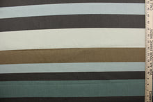 Load image into Gallery viewer, The multi-purpose stripe pattern combines shades of green and brown with light beige for a stylish effect.  This fabric is also soil and stain repellant and has a wear rating of 100,000 double rubs, ensuring your design lasts over time.  It can be used for several different statement projects including window accents (drapery, curtains and swags), toss pillows, headboards, bed skirts, duvet covers and light duty upholstery. 

