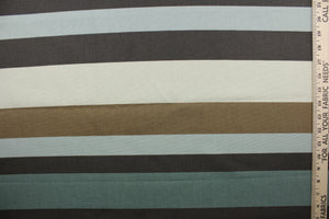 The multi-purpose stripe pattern combines shades of green and brown with light beige for a stylish effect.  This fabric is also soil and stain repellant and has a wear rating of 100,000 double rubs, ensuring your design lasts over time.  It can be used for several different statement projects including window accents (drapery, curtains and swags), toss pillows, headboards, bed skirts, duvet covers and light duty upholstery. 