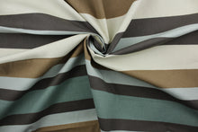 Load image into Gallery viewer, The multi-purpose stripe pattern combines shades of green and brown with light beige for a stylish effect.  This fabric is also soil and stain repellant and has a wear rating of 100,000 double rubs, ensuring your design lasts over time.  It can be used for several different statement projects including window accents (drapery, curtains and swags), toss pillows, headboards, bed skirts, duvet covers and light duty upholstery. 
