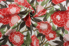 Load image into Gallery viewer, The Robert Allen© Peony Vine in Coral is the perfect multi-use fabric for any project. Beautiful peony vine detailing in dark coral, pink, green, and brown stands out against a white background, making a stunning statement.  It can be used for several different statement projects including window accents (drapery, curtains and swags), toss pillows, headboards, bed skirts, duvet covers and upholstery. 
