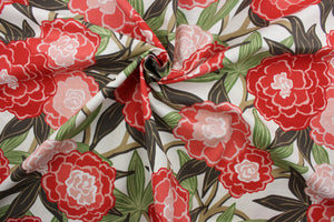 The Robert Allen© Peony Vine in Coral is the perfect multi-use fabric for any project. Beautiful peony vine detailing in dark coral, pink, green, and brown stands out against a white background, making a stunning statement.  It can be used for several different statement projects including window accents (drapery, curtains and swags), toss pillows, headboards, bed skirts, duvet covers and upholstery. 