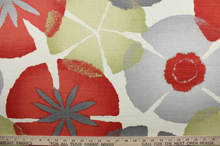 Printed on a medium weight cotton slub duck, this contemporary pattern features a large scale design in gray, natural, and coral on an ivory background. Perfect for modern décor, it adds a stylish touch to your living space.  The fabric is soil and stain repellant, as well as 30,000 double rubs for durability.  It can be used for several different statement projects including window accents (drapery, curtains and swags), toss pillows, headboards, bed skirts, duvet covers, upholstery, and more.