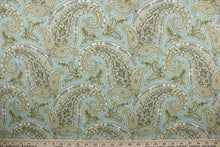Load image into Gallery viewer, The Robert Allen© Paisley in Dew fabric is a classic paisley design with stylish colors - aqua, teal, gold, and gray. This multi-use fabric has a durable crypton finish, making it resistant to stains, moisture and odors, and with a 30,000 double rubs rating for long-lasting quality.  It can be used for several different statement projects including window accents (drapery, curtains and swags), toss pillows, headboards, bed skirts, duvet covers and upholstery. 

