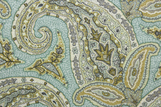 The Robert Allen© Paisley in Dew fabric is a classic paisley design with stylish colors - aqua, teal, gold, and gray. This multi-use fabric has a durable crypton finish, making it resistant to stains, moisture and odors, and with a 30,000 double rubs rating for long-lasting quality.  It can be used for several different statement projects including window accents (drapery, curtains and swags), toss pillows, headboards, bed skirts, duvet covers and upholstery. 