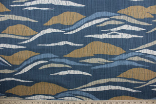 a multi purpose print featuring an array of hills in shades of slate, tan, blue, and beige to bring an understated beauty to any space.  Crafted with 65,000 double rubs, this fabric is exceptionally durable.  Additionally, a soil and stain repellant finish ensures that this fabric is easy to maintain.  It can be used for several different statement projects including window accents (drapery, curtains and swags), toss pillows, headboards, bed skirts, duvet covers, light duty upholstery, and more.