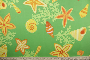 Beach Bongo in Citrus is an outdoor fabric with an eye-catching design of brightly colored seashells and coral against a lime green background.  Perfect for outdoors, the fabric is water and mildew resistant and rated to 105,000 double rubs, making it durable enough to stand up to the elements.  With hints of yellow, orange, and white, it complements any outdoor décor.  Great for upholstery, cushions, pillows, and tote bags.