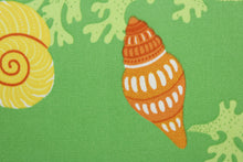 Load image into Gallery viewer,  Beach Bongo in Citrus is an outdoor fabric with an eye-catching design of brightly colored seashells and coral against a lime green background.  Perfect for outdoors, the fabric is water and mildew resistant and rated to 105,000 double rubs, making it durable enough to stand up to the elements.  With hints of yellow, orange, and white, it complements any outdoor décor.  Great for upholstery, cushions, pillows, and tote bags.
