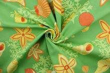 Load image into Gallery viewer,  Beach Bongo in Citrus is an outdoor fabric with an eye-catching design of brightly colored seashells and coral against a lime green background.  Perfect for outdoors, the fabric is water and mildew resistant and rated to 105,000 double rubs, making it durable enough to stand up to the elements.  With hints of yellow, orange, and white, it complements any outdoor décor.  Great for upholstery, cushions, pillows, and tote bags.
