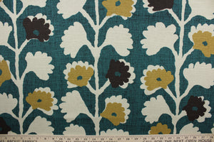  Robert Allen© Surreal Vines in Jewel fabric displays a large floral vine motif against a teal background.  Shades of tan, brown, and khaki can be seen among the vine details.  The fabric is soil and stain repellant, as well as 30,000 double rubs for durability.  It can be used for several different statement projects including window accents (drapery, curtains and swags), toss pillows, headboards, bed skirts, duvet covers, upholstery, and more.