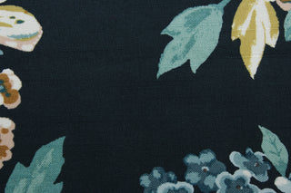 a multi-purpose fabric  designed with a large scale floral print featuring perched birds and butterflies in slate blue, pale pink, golden yellow, green, white, tan, and brown against an admiral blue background. The fabric is also incredibly durable, offering up to 30,000 double rubs.  It can be used for several different statement projects including window accents (drapery, curtains and swags), toss pillows, headboards, bed skirts, duvet covers, upholstery, and more.