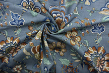 Load image into Gallery viewer,  The Robert Allen© Kyran Vines in Twilight is a great choice for any home. The multi-purpose fabric features a beautiful floral print in shades of brown, blue, green and white. The fabric is also rated for 30,000 double rubs, making it a durable and long lasting choice.  It can be used for several different statement projects including window accents (drapery, curtains and swags), toss pillows, headboards, bed skirts, duvet covers, upholstery, and more.
