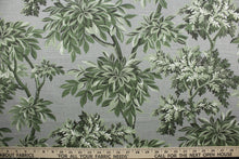 Load image into Gallery viewer, Robert Allen© Sylvan Toile features a beautiful botanical print on a traditional gray background. The vibrant colors of green, black, and white will bring a timeless charm to any room. Treated with a soil and stain repellant finish, this fabric is durable with a 30,000 double rub rating.  It can be used for several different statement projects including window accents (drapery, curtains and swags), toss pillows, headboards, bed skirts, duvet covers, upholstery, and more.
