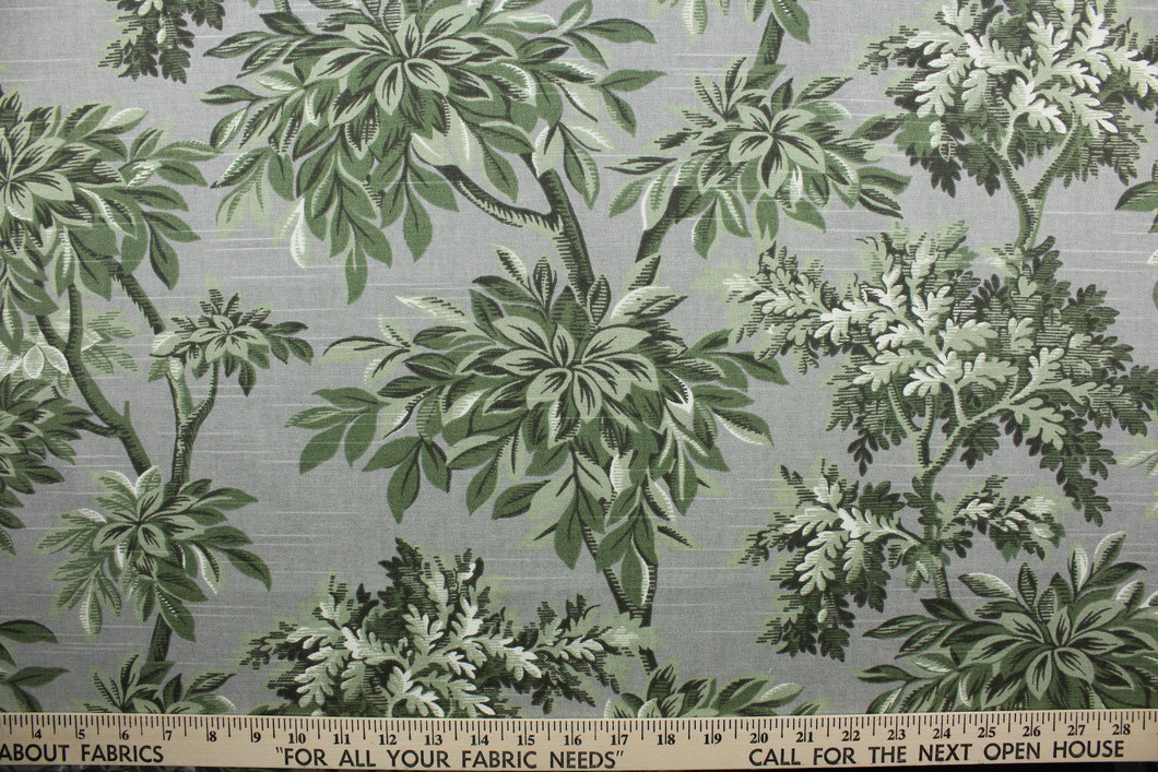 Robert Allen© Sylvan Toile features a beautiful botanical print on a traditional gray background. The vibrant colors of green, black, and white will bring a timeless charm to any room. Treated with a soil and stain repellant finish, this fabric is durable with a 30,000 double rub rating.  It can be used for several different statement projects including window accents (drapery, curtains and swags), toss pillows, headboards, bed skirts, duvet covers, upholstery, and more.