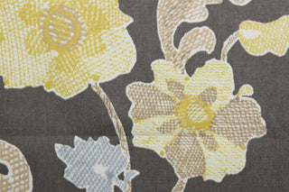 This multipurpose fabric features a combination of soft yellow, taupe, blue, and gray colors, allowing for an array of design possibilities.  Treated with a soil and stain repellant finish, this fabric is durable with a 30,000 double rub rating.  It can be used for several different statement projects including window accents (drapery, curtains and swags), toss pillows, headboards, bed skirts, duvet covers, upholstery, and more.