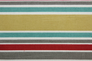  Robert Allen© Mod Layout in Poppy is a multi-purpose fabric that features vivid, multicolored stripes in shades of poppy, gray, gold, white, and dark turquoise.  The fabric is treated with a soil and stain repellant finish to ensure long lasting durability, with a rating of 30,000 double rubs.  It can be used for several different statement projects including window accents (drapery, curtains and swags), toss pillows, headboards, bed skirts, duvet covers and upholstery. 