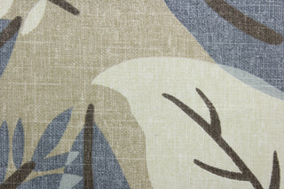 This multi purpose fabric features a large leaf print in an eye-catching indigo, brown, beige, and ivory color palette. Treated with a soil and stain repellant finish, this fabric is durable with a 30,000 double rub rating.  It can be used for several different statement projects including window accents (drapery, curtains and swags), toss pillows, headboards, bed skirts, duvet covers, upholstery, and more.