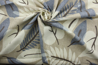 This multi purpose fabric features a large leaf print in an eye-catching indigo, brown, beige, and ivory color palette. Treated with a soil and stain repellant finish, this fabric is durable with a 30,000 double rub rating.  It can be used for several different statement projects including window accents (drapery, curtains and swags), toss pillows, headboards, bed skirts, duvet covers, upholstery, and more.