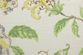 Robert Allen© Les Jardins in Spring, is a multi-purpose fabric featuring a beautiful flowering branch print in yellow, green, blue, light beige, and brown on an ivory background.  For added durability, it has a 15,000 double rub rating and has been treated with a water and stain repellant.  It can be used for several different statement projects including window accents (drapery, curtains and swags), toss pillows, headboards, bed skirts, duvet covers, upholstery, and more.
