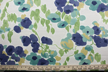 Load image into Gallery viewer,  The Robert Allen© Fresh Bouquet in Admiral is the perfect multi-purpose fabric for any décor.  The vibrant print featuring a floral vine in shades of blue, gray, green, tan, and white adds life and color to any room.  Treated with a soil and stain repellant finish, this fabric is durable with a 30,000 double rub rating.  It can be used for several different statement projects including window accents (drapery, curtains and swags), toss pillows, headboards, bed skirts, duvet covers, upholstery, and more.
