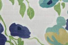 Load image into Gallery viewer,  The Robert Allen© Fresh Bouquet in Admiral is the perfect multi-purpose fabric for any décor.  The vibrant print featuring a floral vine in shades of blue, gray, green, tan, and white adds life and color to any room.  Treated with a soil and stain repellant finish, this fabric is durable with a 30,000 double rub rating.  It can be used for several different statement projects including window accents (drapery, curtains and swags), toss pillows, headboards, bed skirts, duvet covers, upholstery, and more.
