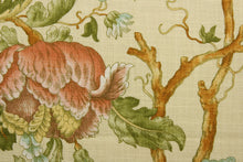 Load image into Gallery viewer, Featuring an intricate floral vine print, this fabric is a vibrant mix of coral, blue, green, yellow, and golden brown on a pale yellow background.  This fabric has a soil and stain repellant finish and has been tested to endure 6,000 double rubs. It can be used for several different statement projects including window accents (drapery, curtains and swags), toss pillows, headboards, bed skirts, duvet covers, upholstery, and more.
