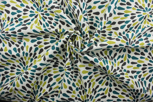 The "Many Petals in Turquoise" pattern is perfect for a transitional look, containing shades of turquoise, green, dark brown and off white. With a soil and stain repellant finish and a 100,000 double rubs rating, it's both stylish and durable.  It can be used for several different statement projects including window accents (drapery, curtains and swags), toss pillows, headboards, bed skirts, duvet covers, upholstery, and more.