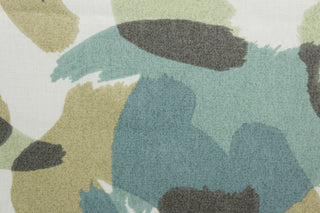 The Robert Allen© Graphic Colors in Dew is a multi purpose, stylish, and durable fabric.  It features an abstract print, and is composed of tan, dew, brown, blue green, and white. It offers 100,000 double rubs, making it a reliable and hard-wearing choice.  It can be used for several different statement projects including window accents (drapery, curtains and swags), toss pillows, headboards, bed skirts, duvet covers, upholstery, and more.
