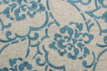Load image into Gallery viewer,  This classic Embroidered Song in Natural features a delicate teal embroidered design with beautiful fine detail on a natural background. The intricate design and colors will add subtle, yet eye-catching texture to your home.  Uses include window treatments, accent pillows, bedding, cornice boards and home décor.
